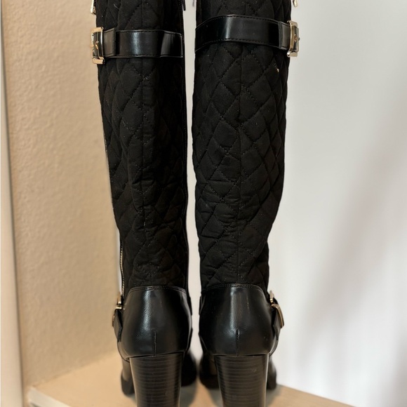 MySoft Heeled Boots Stacked Heel Black Gold Buckles Womens Size 7 Worn Once - Picture 8 of 11